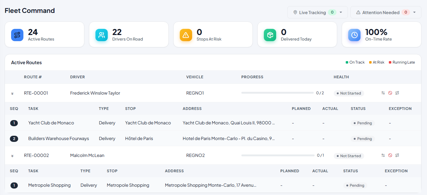 RouteFast Fleet Command dashboard