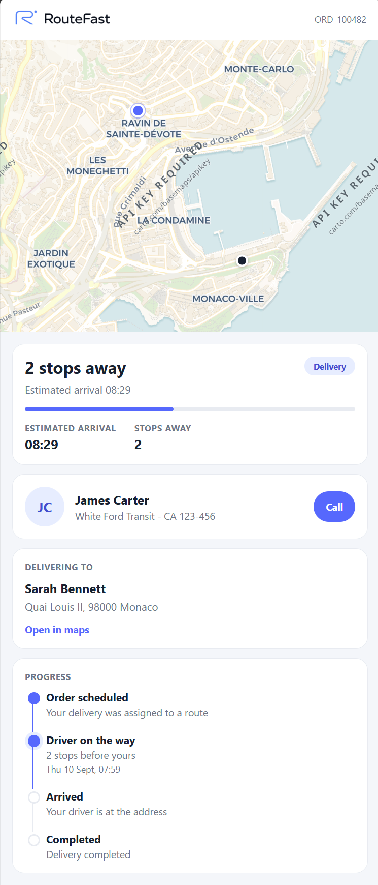 RouteFast last-mile tracking page showing the live driver map, estimated arrival and delivery progress