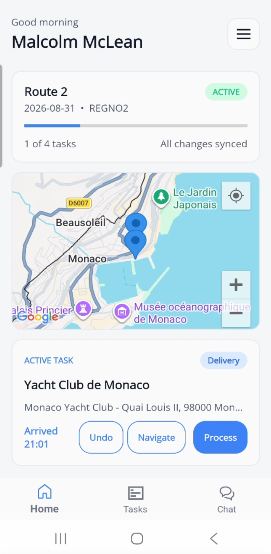 RouteFast driver app home screen showing the active route, progress and a live map of remaining tasks